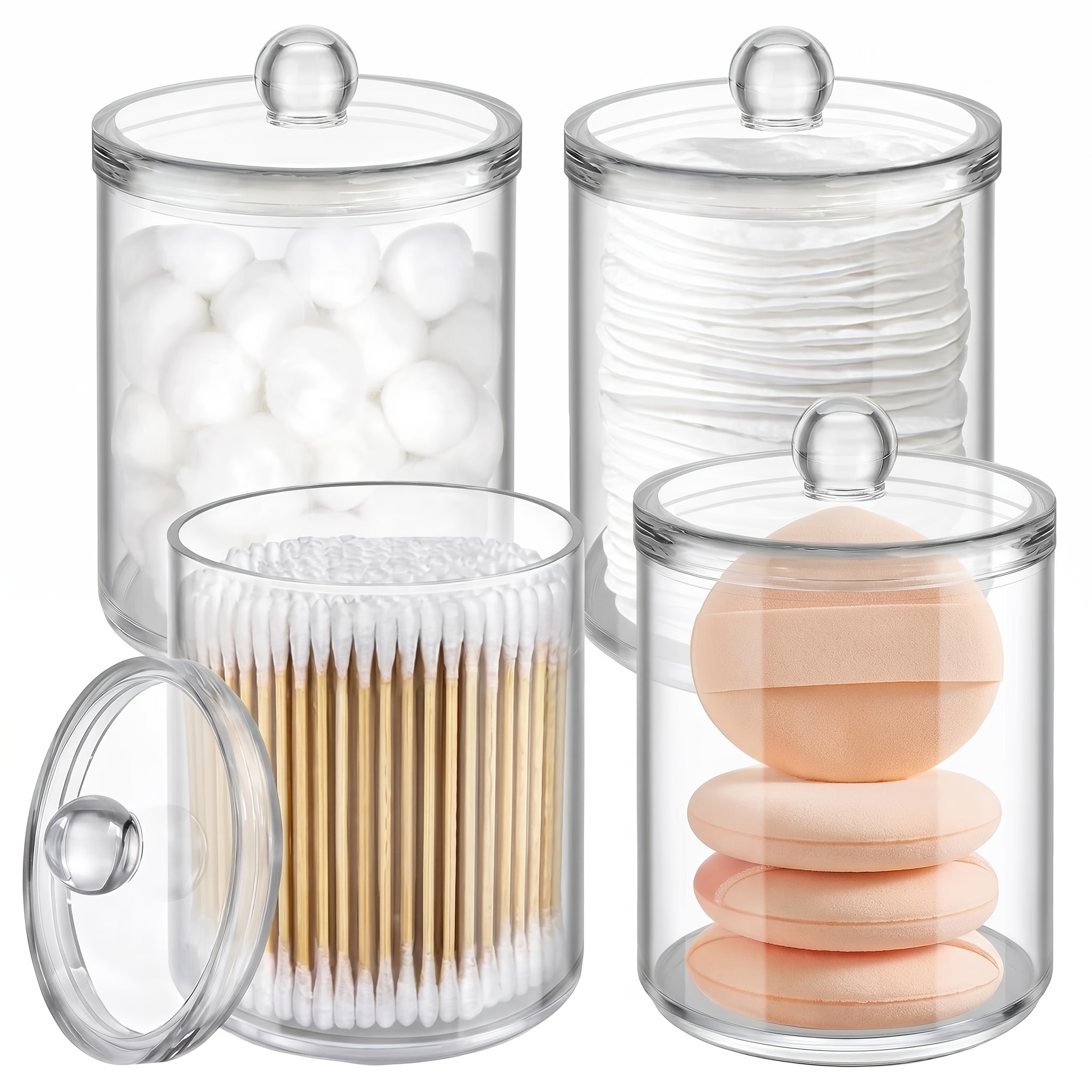 TEMU 4 Pack Acrylic Qtip Holder Dispenser For Cotton Swabs, Balls, Pads, Floss Picks - Small Clear Plastic Canister Apothecary Jar Set, Bathroom