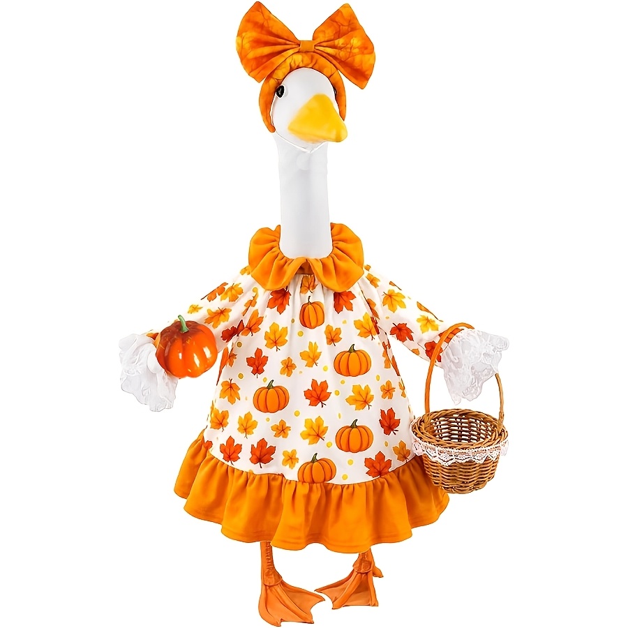 TEMU Oie d'automne pour porche en tenue de jupe citrouille, décoration de pelouse extérieure | Convient aux statues de pelouse en plastique/ciment de