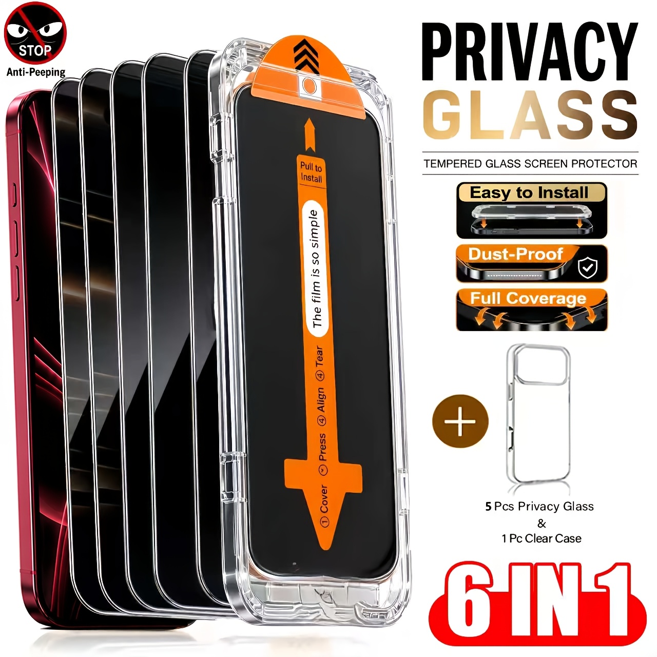TEMU [6-in-1] 5pcs Tempered Glass Privacy Screen Protectors And 1pc Tpu Transparent Phone Case For Iphone 18 Pro Max/18 Pro/17 Pro