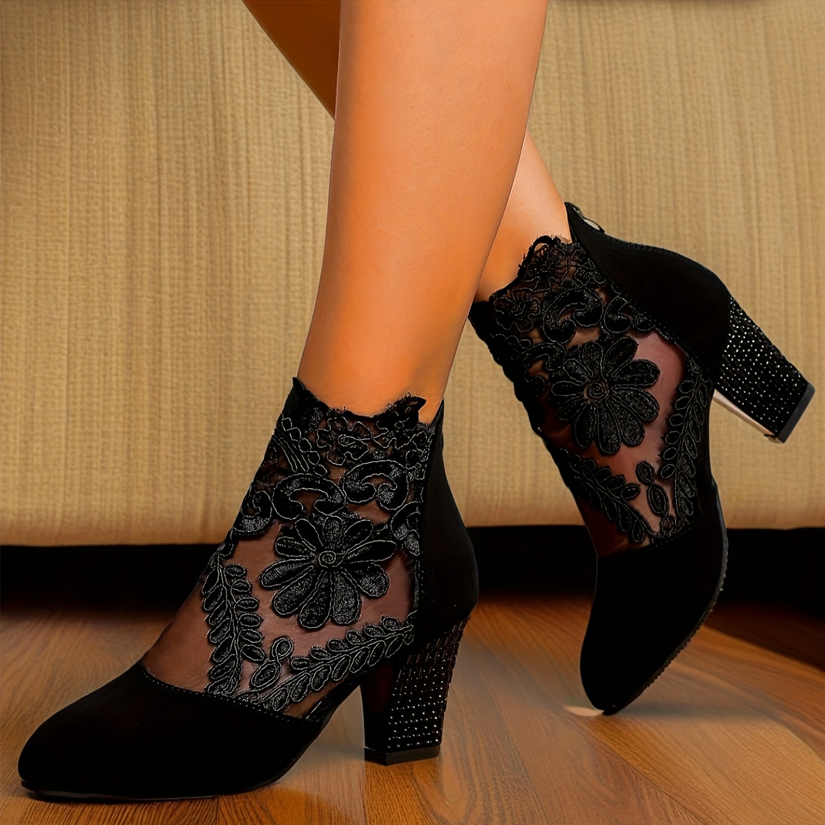 Floral Lace Mesh Wedges for Women, Sexy Square Toe Slip-on Block Heel Shoes, High Heel Mary-Jane Style, with Rubber Sole and PU Insole, for All-Season Fabric Upper