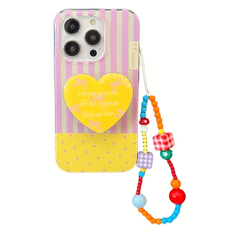 TEMU Translucent White Light Ind Powder Yellow Striped Polka Dot Phone Case With Stand And Chain, Compatible With For Iphone 11, 12, 13, 14, 15, 16