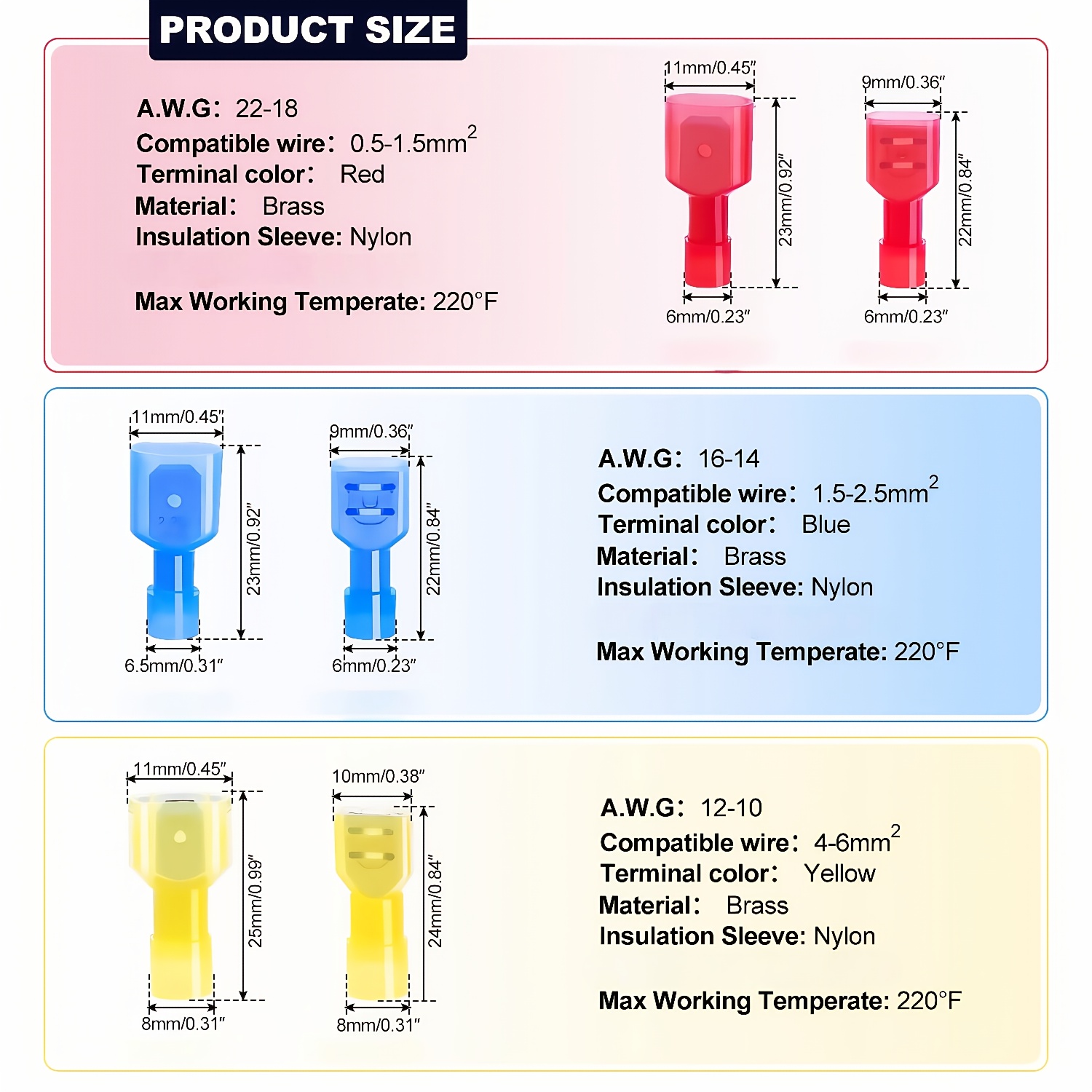 E-shop TEMINUO 120 Stück Nylon Spaten Stecker Buchse Voll Isolierte Elektrische Klemmen in Rot Gelb und Box, Schnellkupplungs-Set, 22 Gauge, Auto
