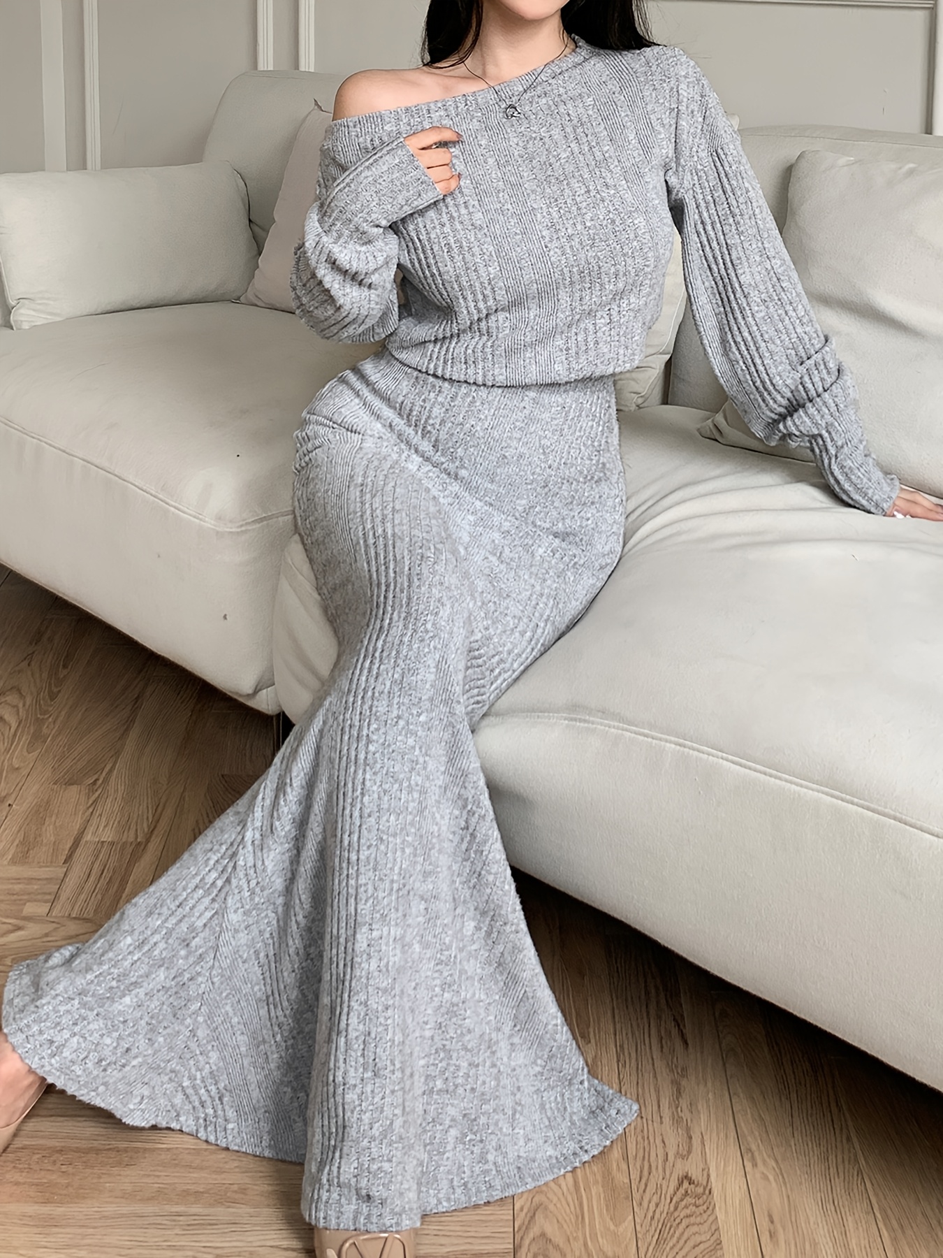 grey two piece dress White Lace & Steel Gray Satin Two-piece Prom Dress