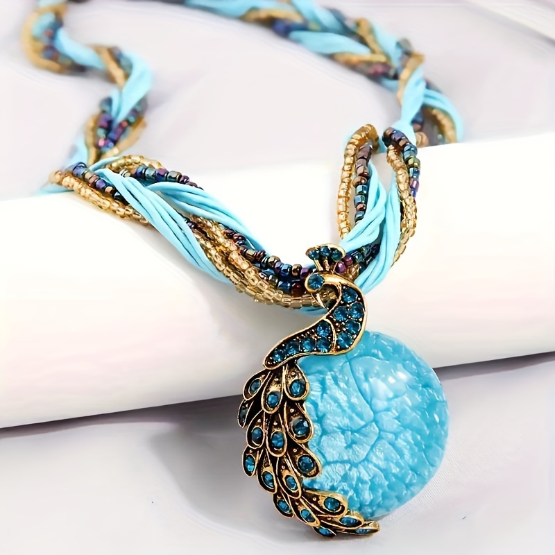 

Bohemian Style Retro Classic Peacock Blue Rice Bead Multi-layer Short Necklace Artificial Stone Pendant Necklace Jewelry Women's Gift