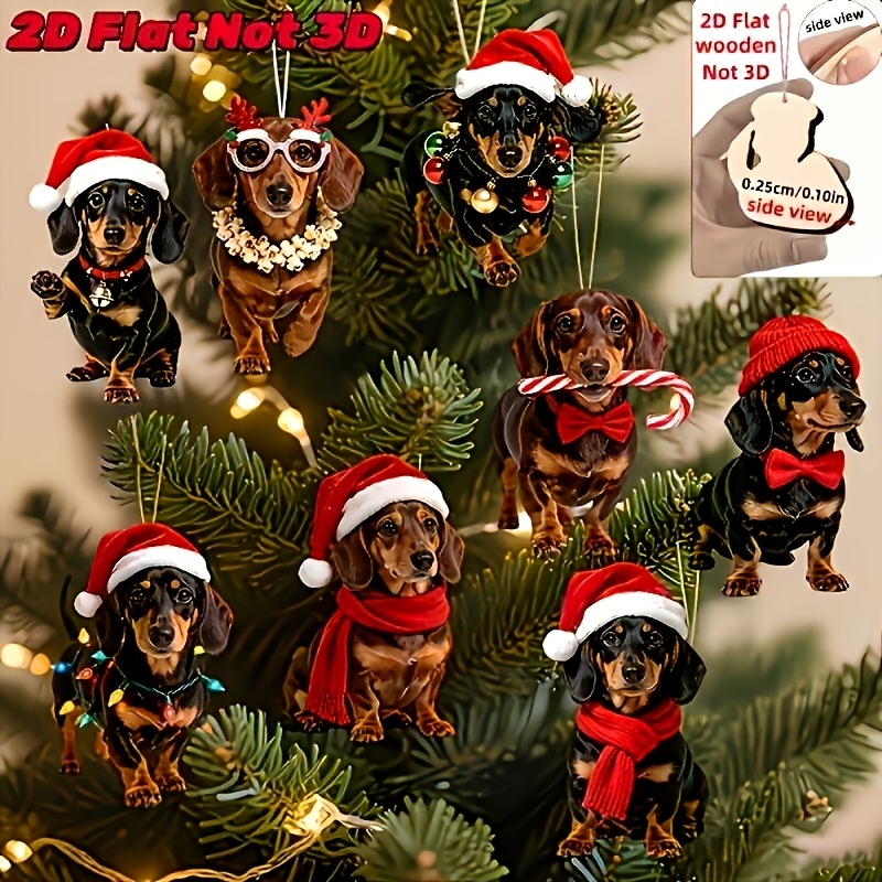 TEMU Set di 8 ornamenti natalizi 2D - Cani salsiccia carini e umoristici con vestiti natalizi - 2D, non 3D | Stile , legno manufatto | Adatti per