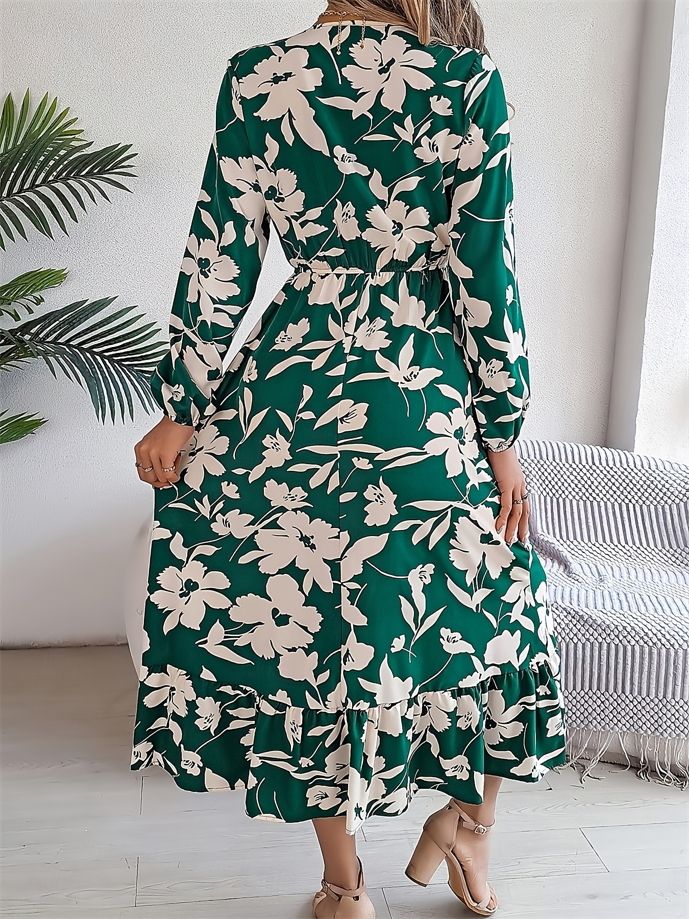 1pc womens floral v neck long sleeve midi dress polyester a - Temu United  Arab Emirates