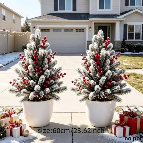 2pcs extra large realistic cedar christmas trees with red ornaments outdoor indoor shrubs with base suitable for gardens courtyards doorways artificial trees enhancing garden aesthetics and holiday decor artificial plants artificial trees