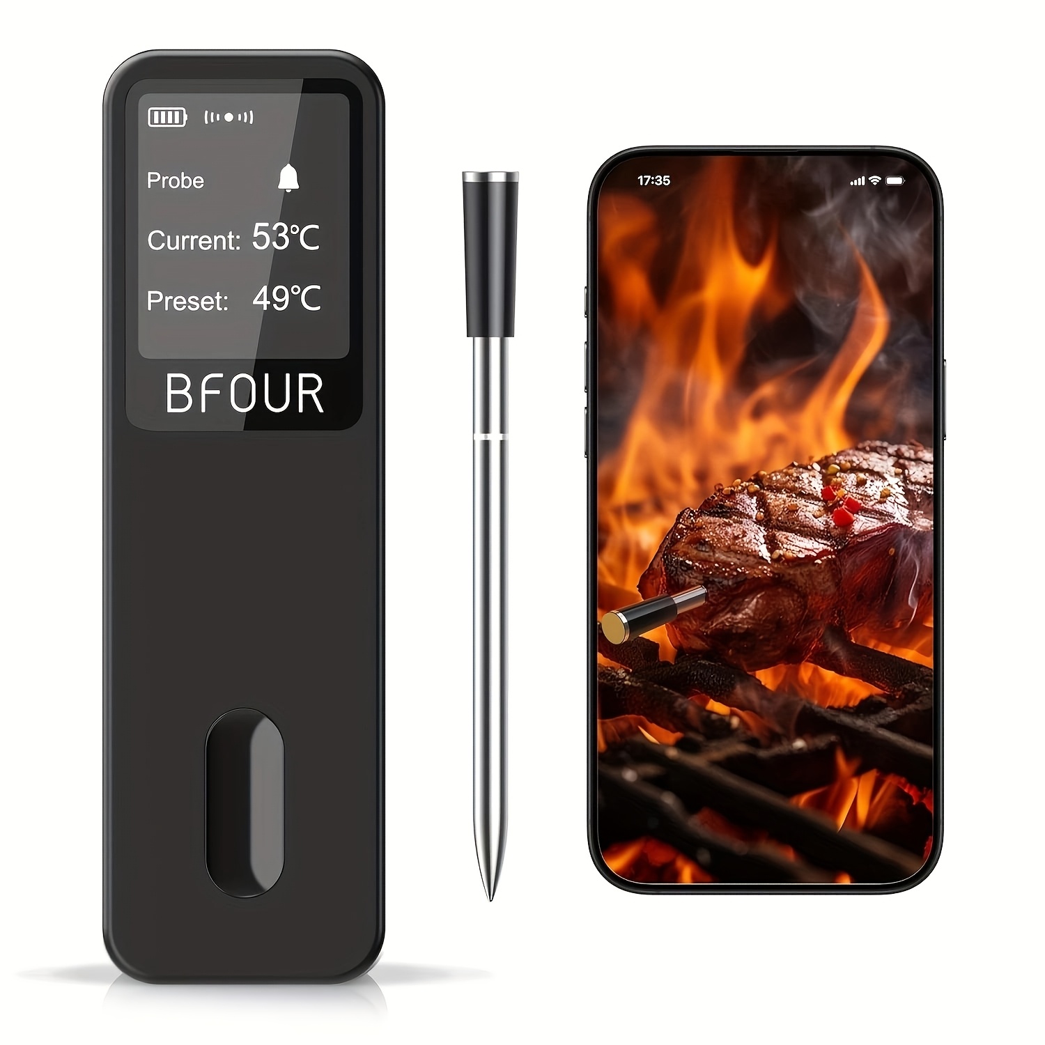 1pc Bfour Wireless Meat Thermometer With Digital Display & Wireless - Usb, App-controlled Thermometer Suitable For Bbq, Grill, Oven, - Compatible With Ios/, °c/°f, Probe, Remote Monitoring