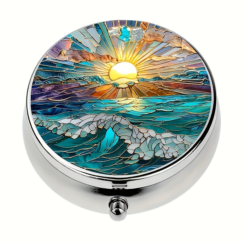 Image of 1pc Glass Ocean Sunset Design 3-grid Metal Medicine Box - Portable And Decorative Medicine Storage Box, Suitable For Travel And Wallet - Unique Vitamin Box, Perfect Christmas Gift -2 Inches