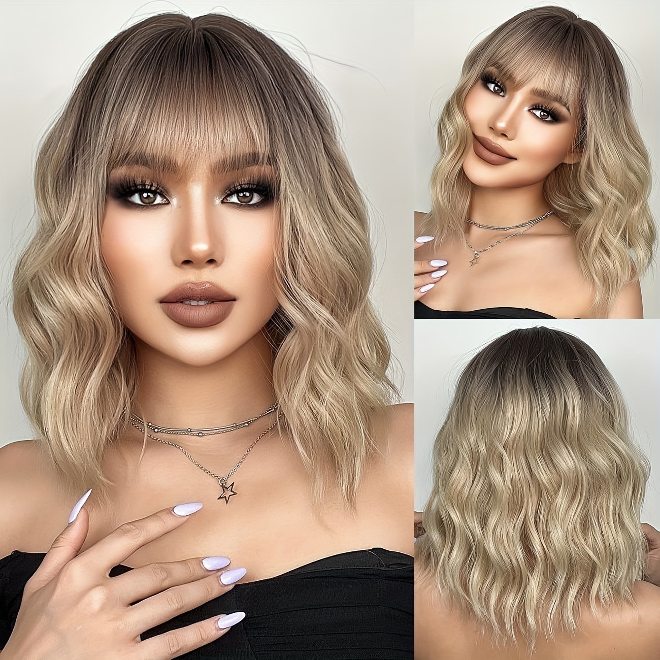 Image of Chic Ombre Blonde Bob Wig With Bangs For Women - 14" Short, Curly & Wavy Shoulder-length Synthetic Hairpiece, Perfect For Daily Wear & Cosplay