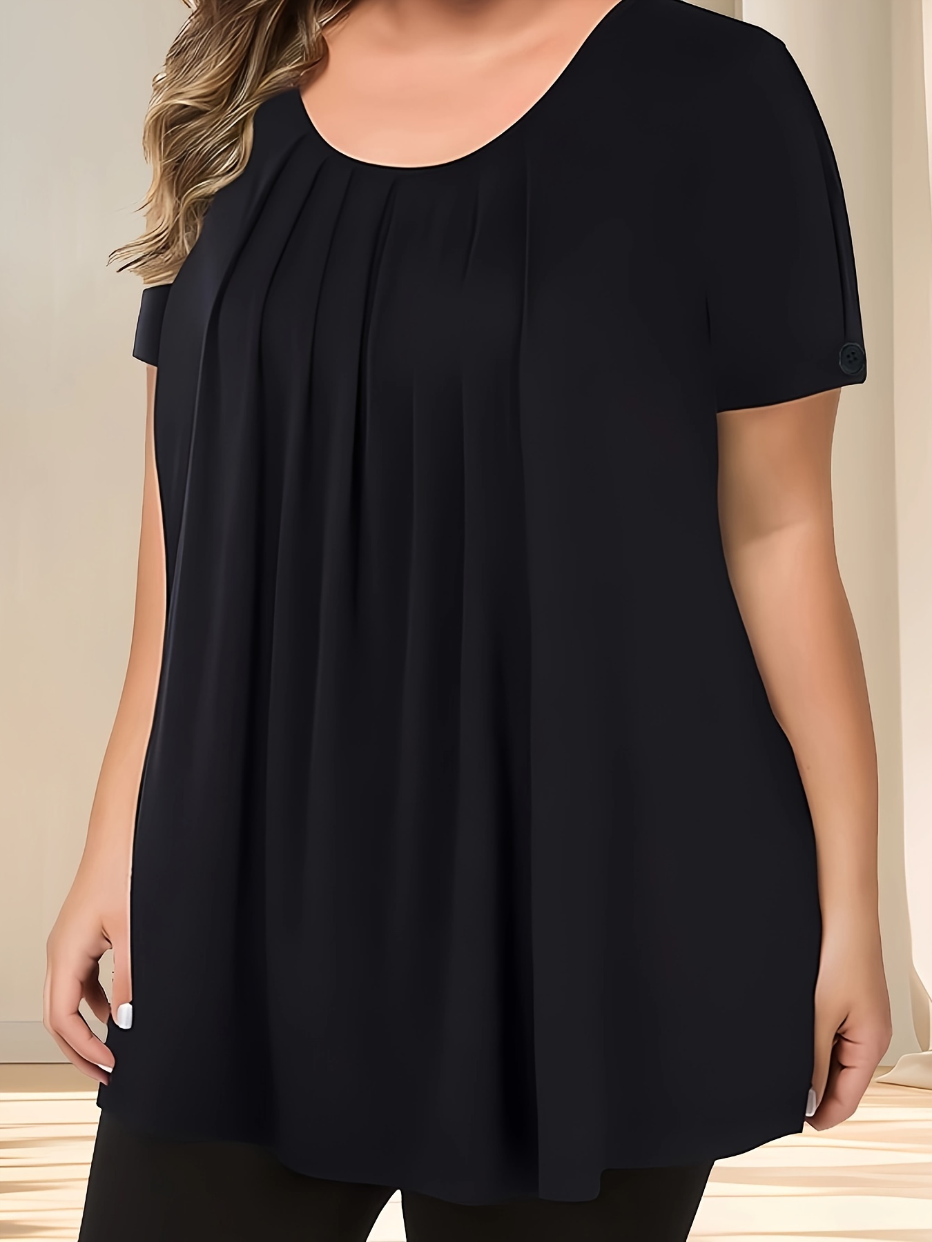 Women'S Casual Crew Neck Short Sleeve Blouse, Solid Color Plus Size, Lightweight Polyester with Subtle Stretch, Flared Hem, Spring/Summer Fashion Top, Casual Wear Blouse | Elegant Plus Size | Simple Eleganc