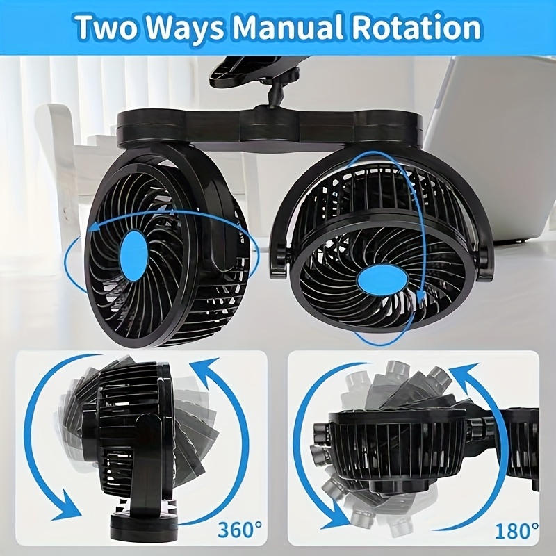 heavy-duty dual-head car fan with   speed control - 12v (with adapter), 360° rotatable dual heads, fast airflow cooling for cars, trucks, suvs, rvs,   - no battery needed, vehicle clip fan, rv cooling solution, truck ventilation, sturdy construction, truck drivers details 2