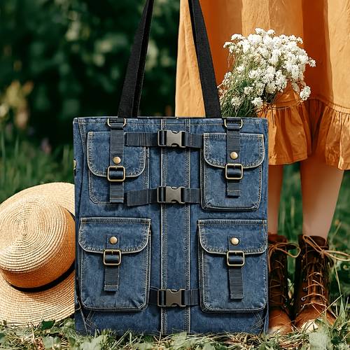 item picture 1pc vintage practical multi pocket jacket style 2 sided print tote bag non material shopping bag large capacity foldable bag reusable bag fashionable print suitable for grocery shopping shopping fitness