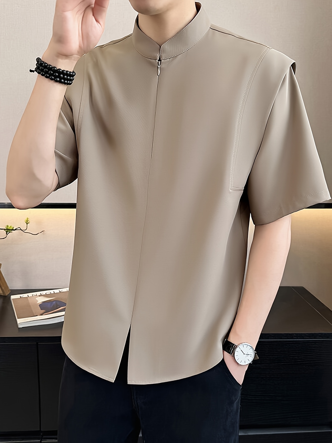 Men'S Vintage-Inspired Breathable Short Sleeve Shirt with Stand Collar & Zipper Front - Lightweight Casual Summer Blazer for Casual Attire, Black Pants & Accessories, Vintage Shirt
