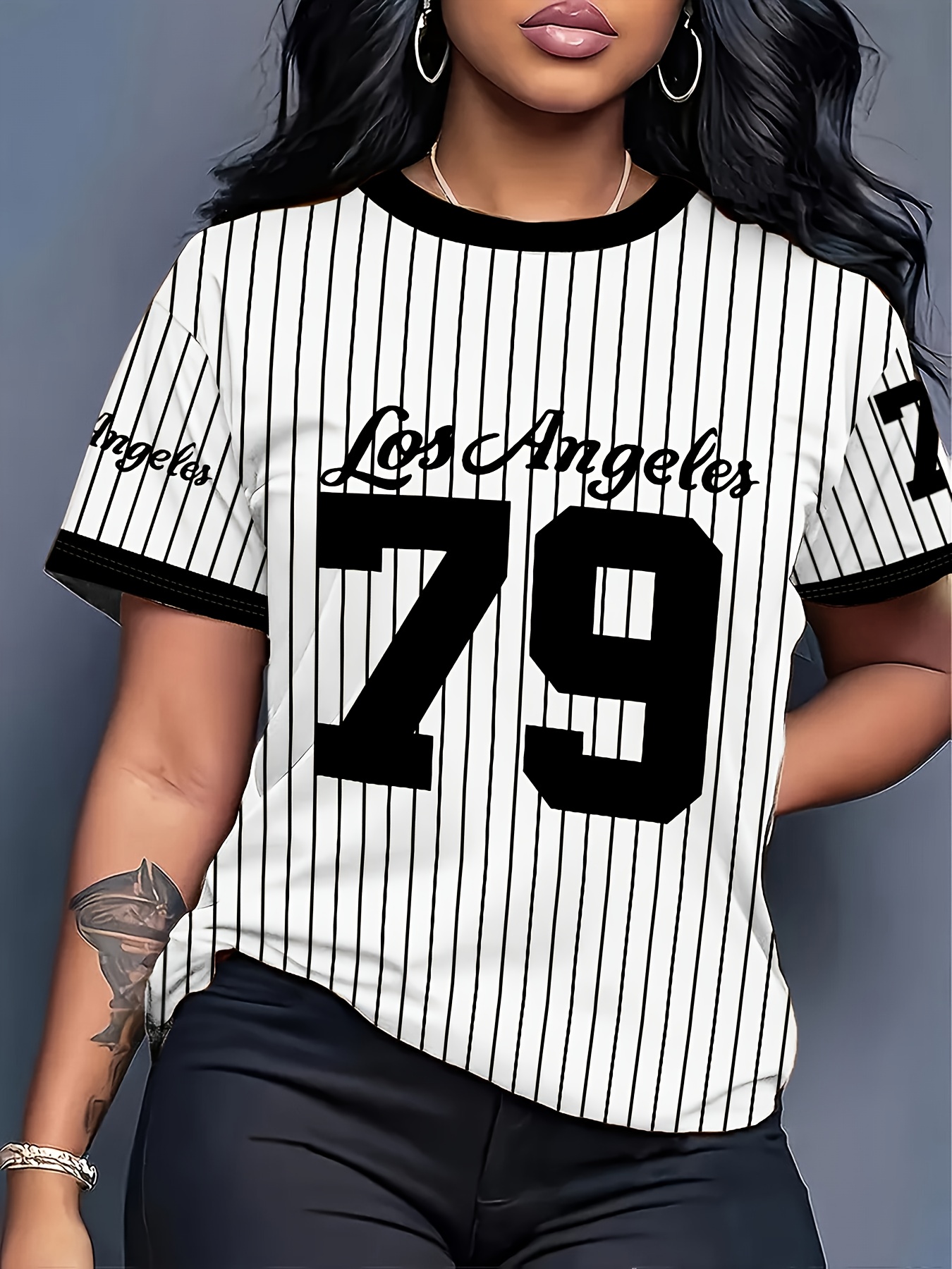 Women'S Los Angeles 79 Baseball Jersey T-Shirt Black White Striped  Casual Short Sleeve Tee with &*;Angels&*; Logo, Summer Style, Casual