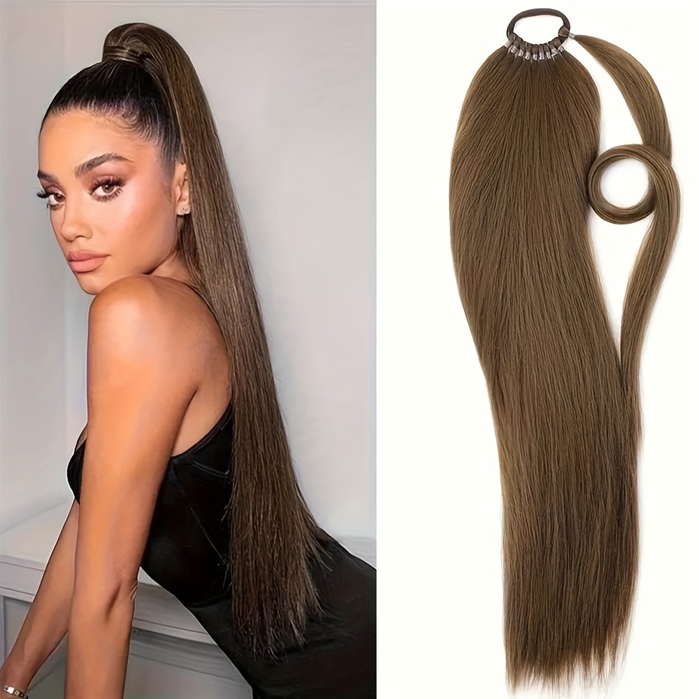 24 inch   straight braiding hair ponytail extension wrap around long straight ponytail with versatile elastic bands for women high temperature fiber   hair extension for women details 4