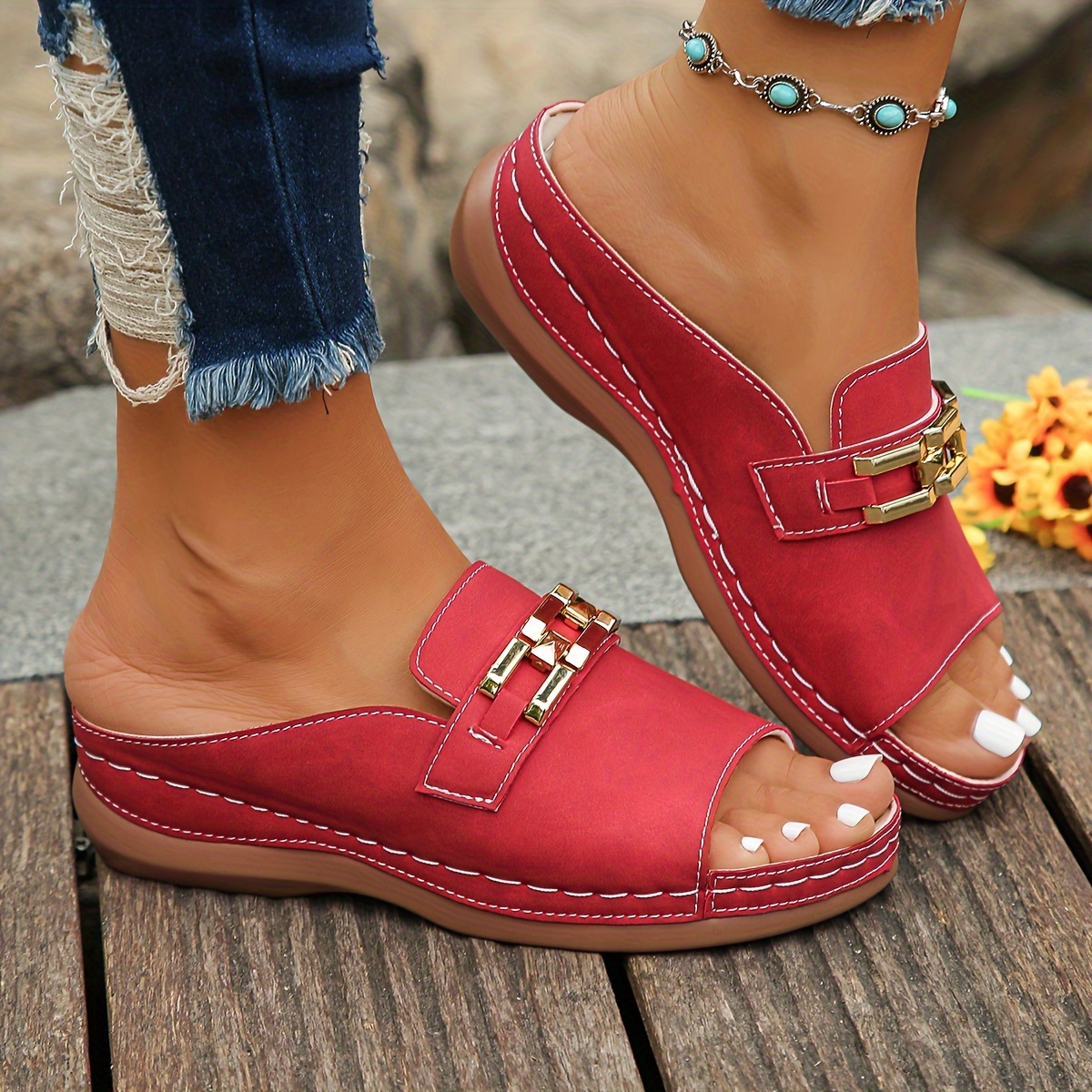 sandálias de   com decoração de corrente para mulheres, sapatos casuais de plataforma de dedo  , sandálias confortáveis de enfiar 3