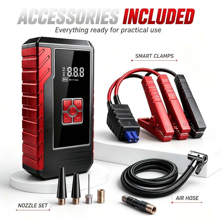 TEMU 20000a 12-in-1 Portable Jump Starter With Air Compressor For All 12v Vehicles, 250psi Tire Inflator, Fast Charge Usb/type-c Power Bank, Led