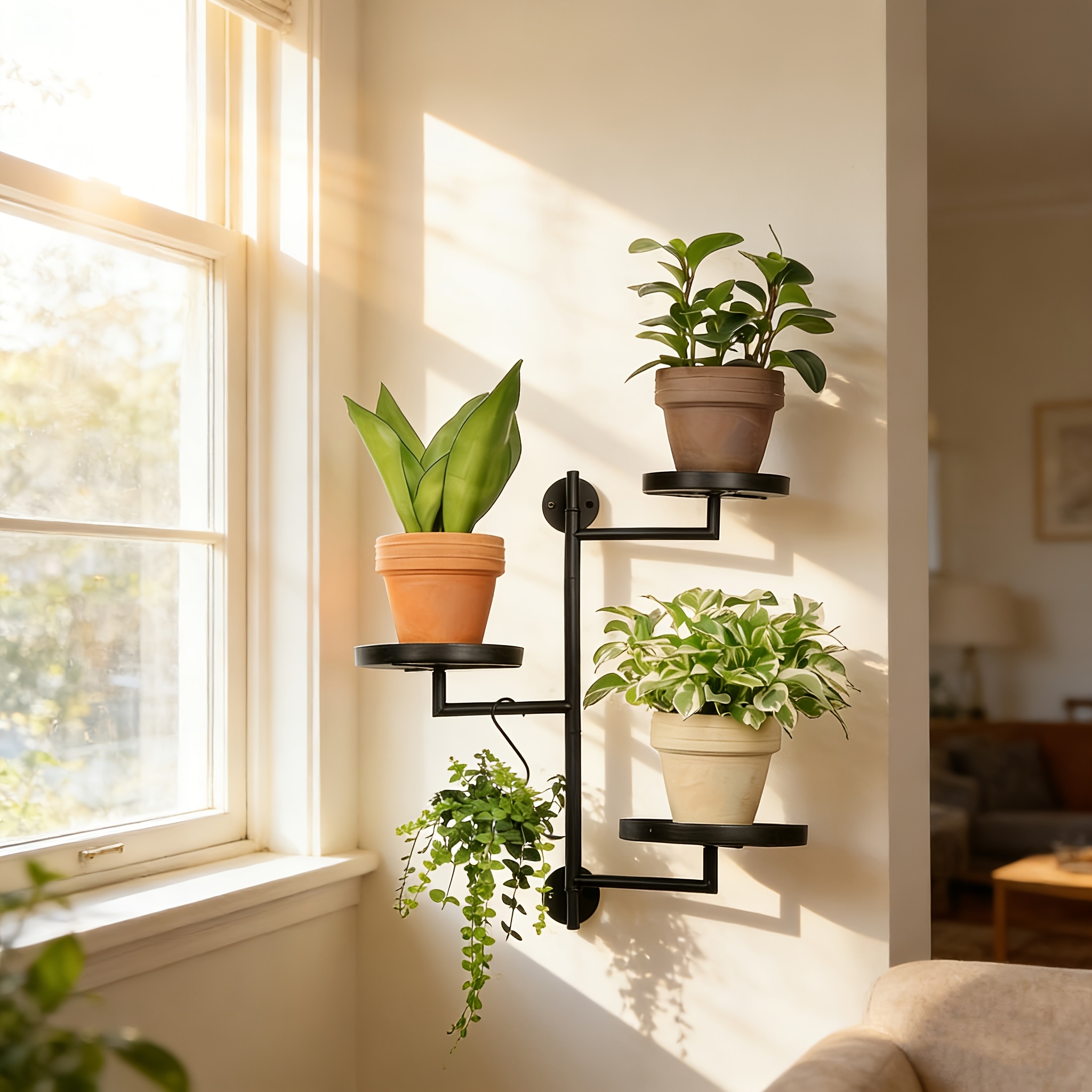 Image of Rotating Indoor Plant Shelf Three-tier Metal Plant Stand 17.1-inch Wall-mounted Plant Holder Window Sill Shelf For Multiple Indoor Plants Perfect Gift For Plant Lovers Home Decor Accessory