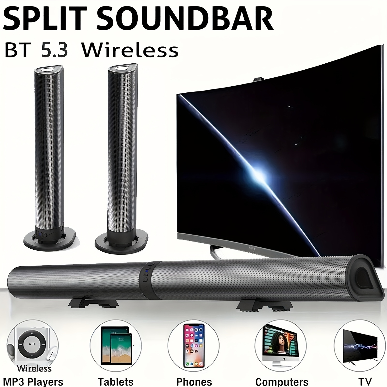 4.1-kanalni brezžični soundbar z brezžično povezavo, RCA/AUX in USB polnjenjem - odstranljiv nizkotonec, ojačitev nizkih tonov, nadzor glasn