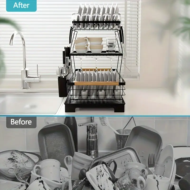 2 3 tier large dish drying rack with heavy duty iron kitchen organizer for dishes utensils cups knives space saving countertop storage with lower compartment Product details 1