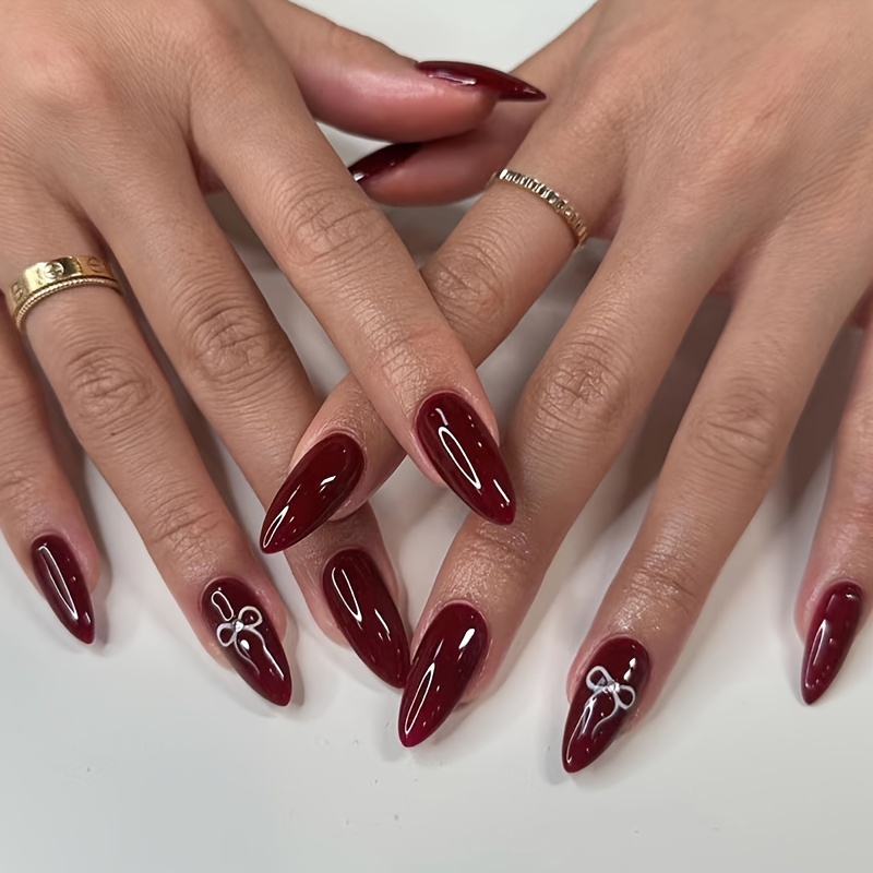 TEMU Red Solid Color Simple Wearable Nail Tips With Bow And Almond Shaped Removable Nails, Of 24pcs Including Jelly Glue + Nail File