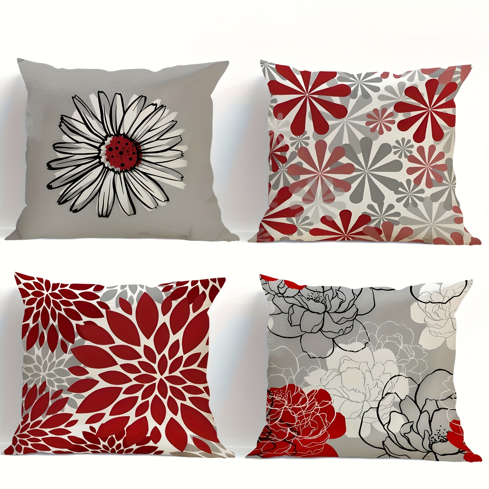 TEMU 4pcs Vintage Red-gray Floral Pillowcases, Daisy Floral Pattern, Back Cushion Covers, Home Decorative Pillow Covers, Single-sided Print, No