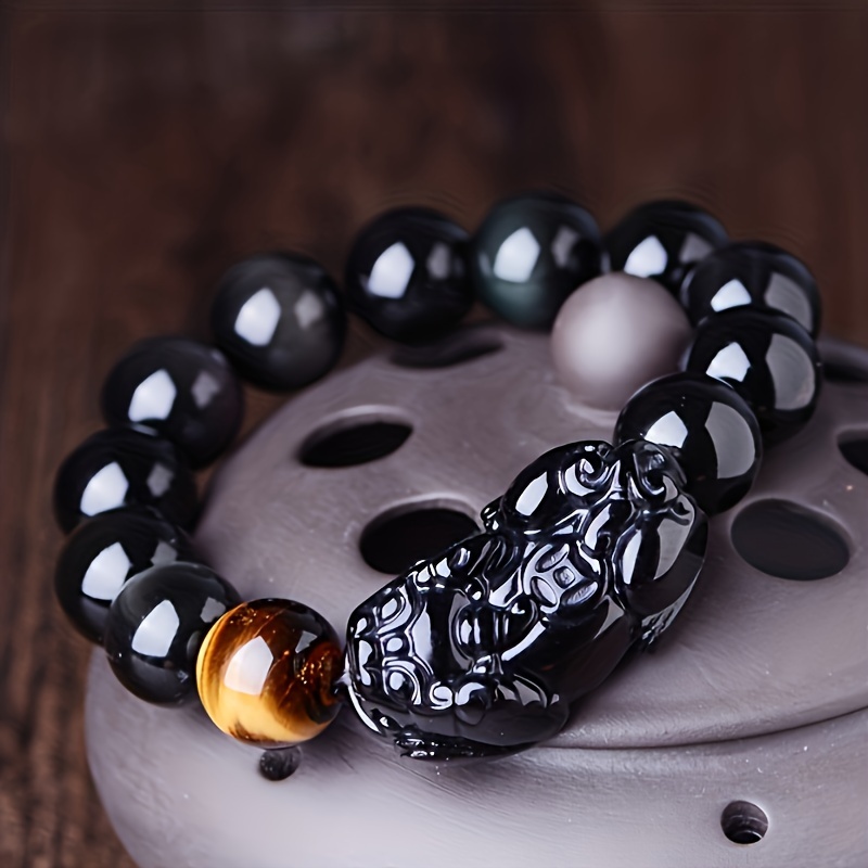 

1pc Black Obsidian Wealth Bracelet - Feng Shui Pixiu Charm For Unisex - Elastic Stretch Bangle With Tiger Eye Stone - , Good Luck & Abundance - For Everyday Wear