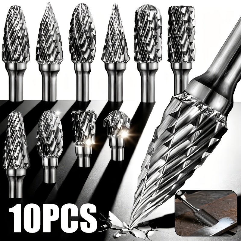 TEMU 10pcs Set Of High-quality Carbon Steel Rotary Files With Heavy-duty Hss Grinding Drill Bits, Suitable For Woodworking, Metal Carving, Drilling