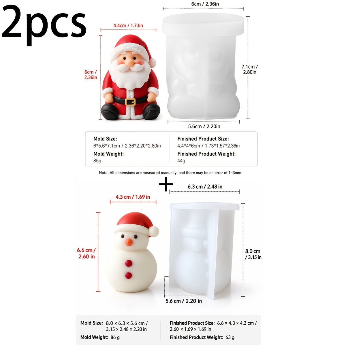 TEMU Ensemble de 2 moules à bougies en silicone Père Noël et de neige, Père Noël assis en robe rouge avec chapeau et de neige à tête ronde, outils de