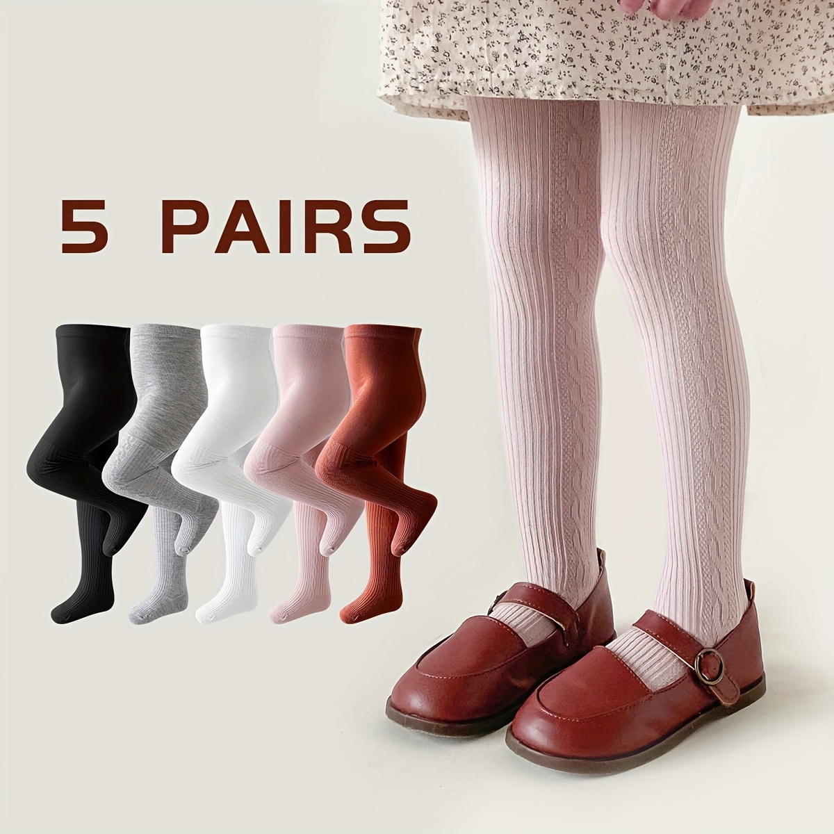 

5-pack Girls' Tights - Solid Color, Knit Fabric, 85% Polyester 15% Spandex, Hand Wash Only, Basics For Dresses And Outdoor Wear