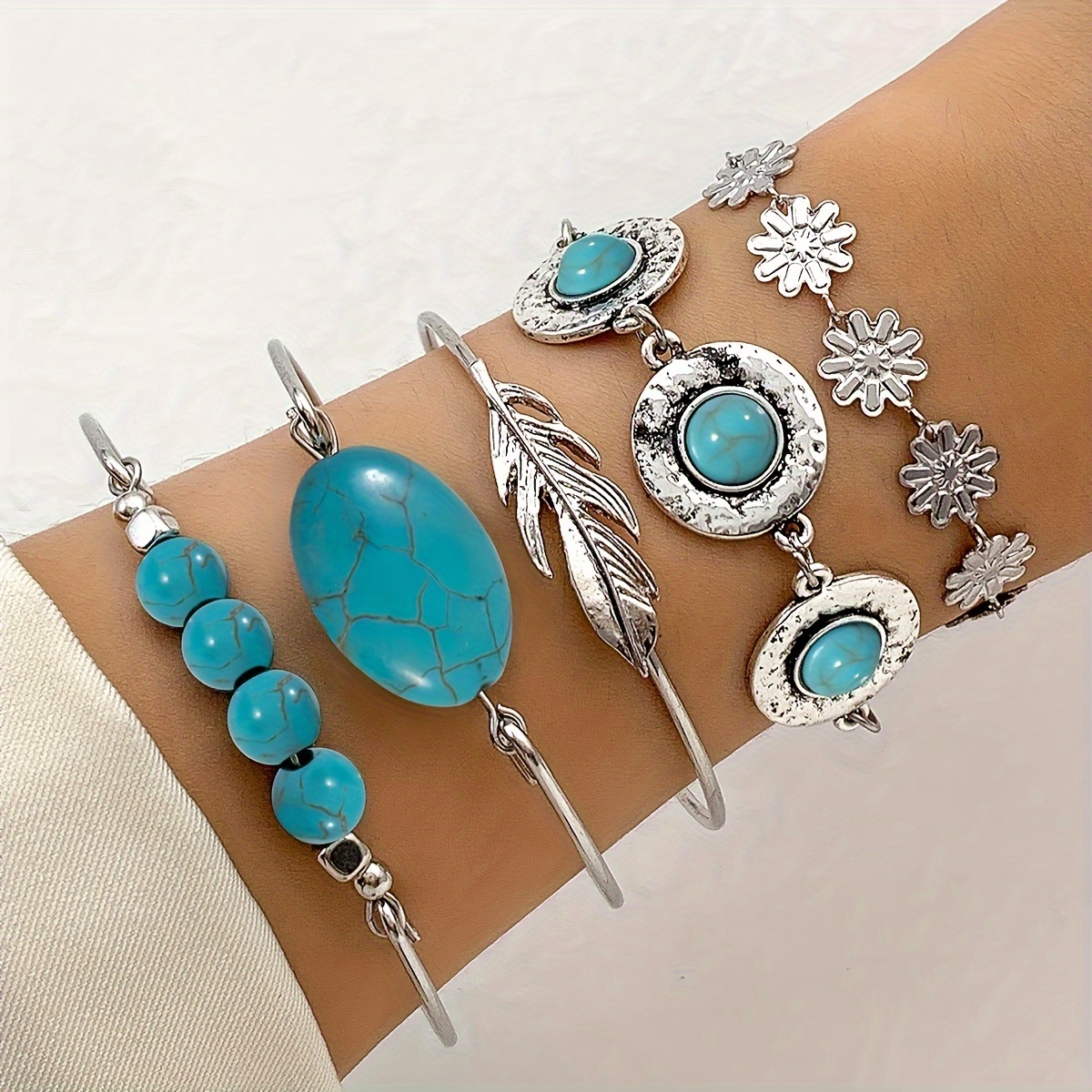 TEMU 5-piece Bohemian Turquoise Feather Bracelet Set, Geometric Exaggerated Beaded Bangle Set, Zinc Alloy, Women' Jewelry, Accessory For Parties