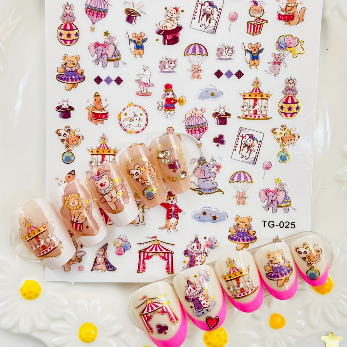 

Circus Themed Nail Art Stickers - Glitter Cartoon Animal Decals For Manicures, Pre-pasted Plastic Nail Embellishments, Single Use, Shimmery Irregular Shape, Elephant Bear Design, Unscented, Tg-025