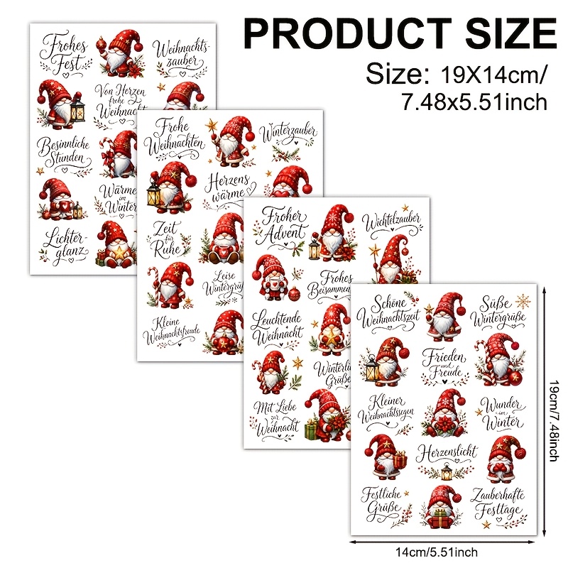 TEMU 4pcs, Christmas Red Gnome Dwarf Pattern, Uv Dtf Waterproof Scratch-resistant Vinyl Material, Suitable For Crafts, Cups, Bottles, Laptops, Home