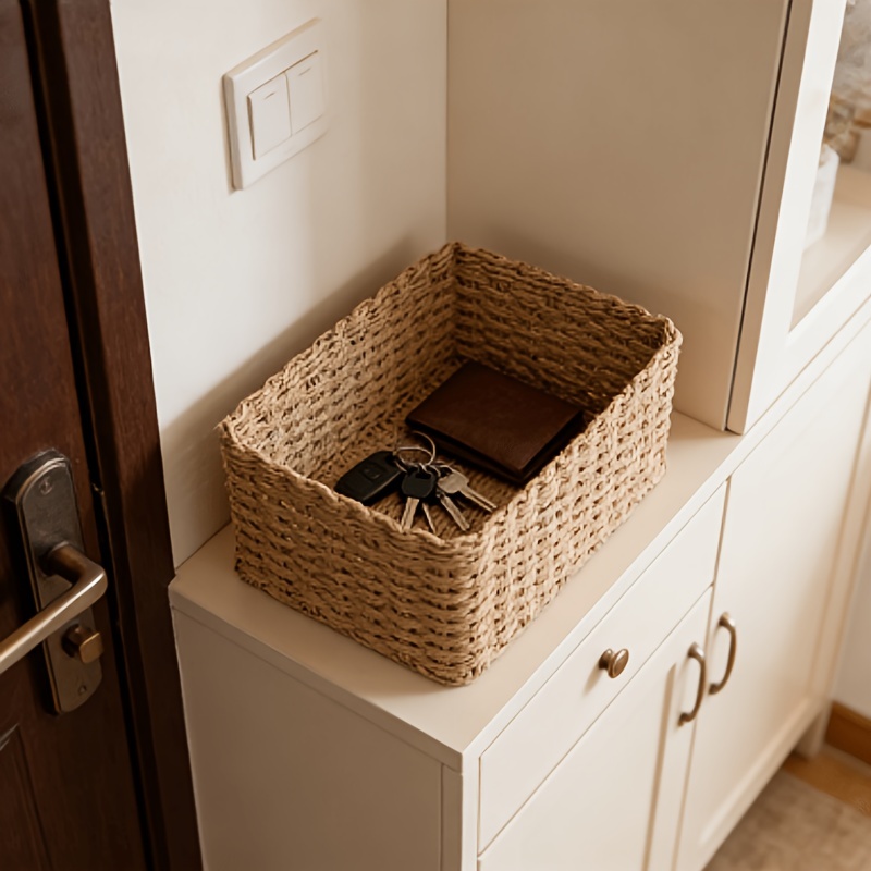 TEMU 1pc Storage Basket, Featuring Open Weave Design And Sturdy Rattan Structure, Ideal For Bathroom, Bedroom, Living Room, Dormitory, And Desk Use -