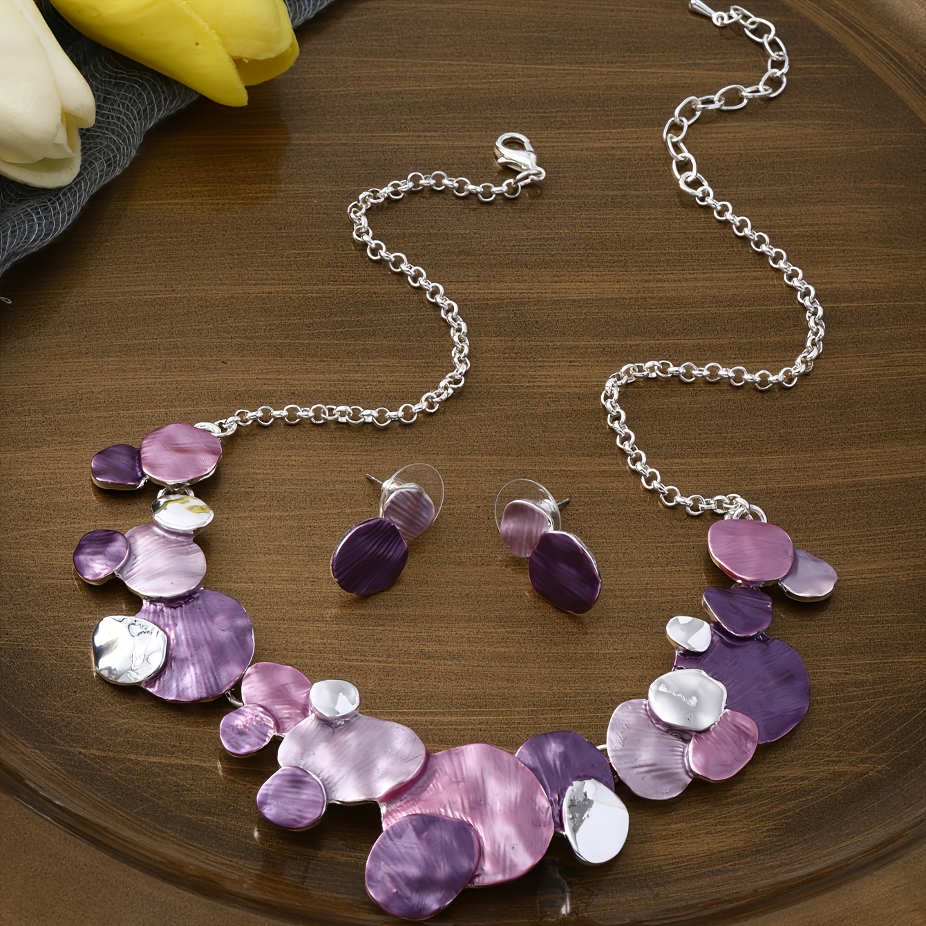 E-shop 1 Set Modisches Bohemian Einfaches Emaille Schmuckset für Damen – Trendiges Zinklegierung Minimalistischer Design Halskette und Ohrringe-Set,