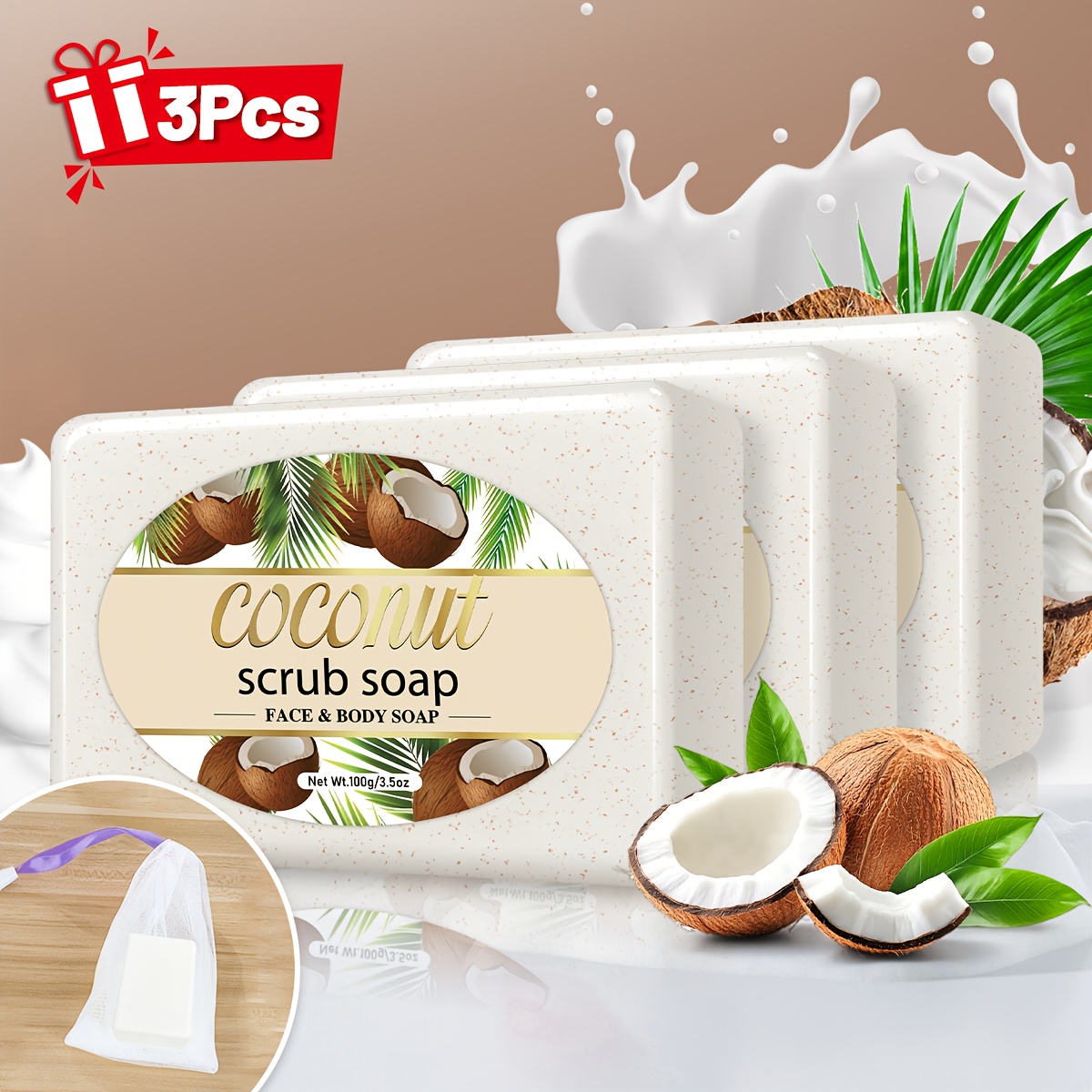 3pcs- Coconut Scrub Soap, Handmade Soap, Soap. Suitable for Facial, Hair, And Body Cleansing. Send to Foam Net. Contains Walnut Shell Powder And Olive Oil. Gently Cleanse The Light Beige. Suitable for All Light Beige Types. Convenient to Carry Around -100g