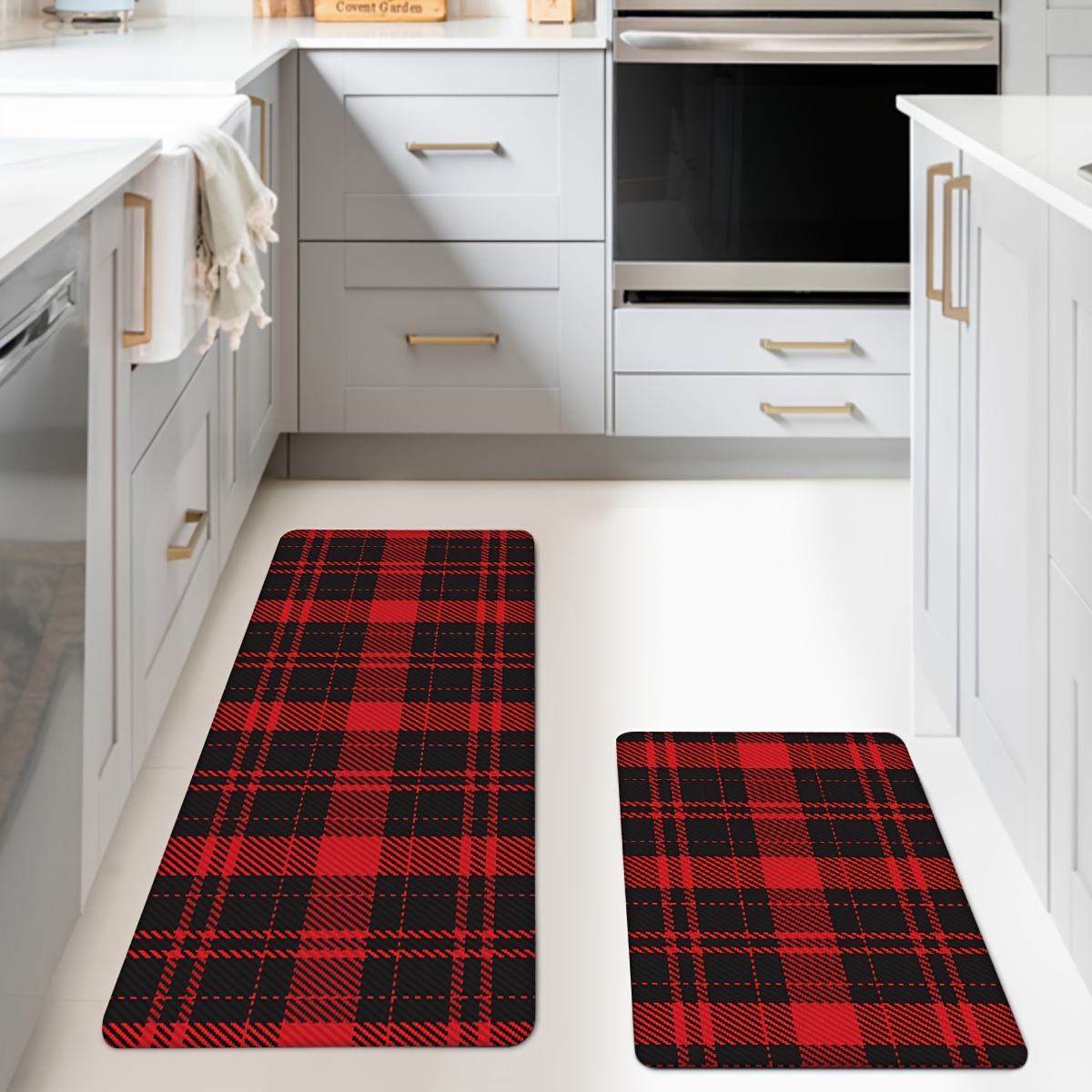 

Christmas-themed Kitchen & Bathroom Mats - Non-slip, Durable, Machine Washable Runner Rugs For Home, Office, Laundry - Comfortable Standing Pads In Festive Red & Black Plaid