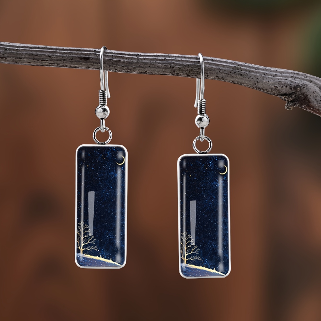 Women's Deep Blue Starry Sky Curve Pattern Long Earrings