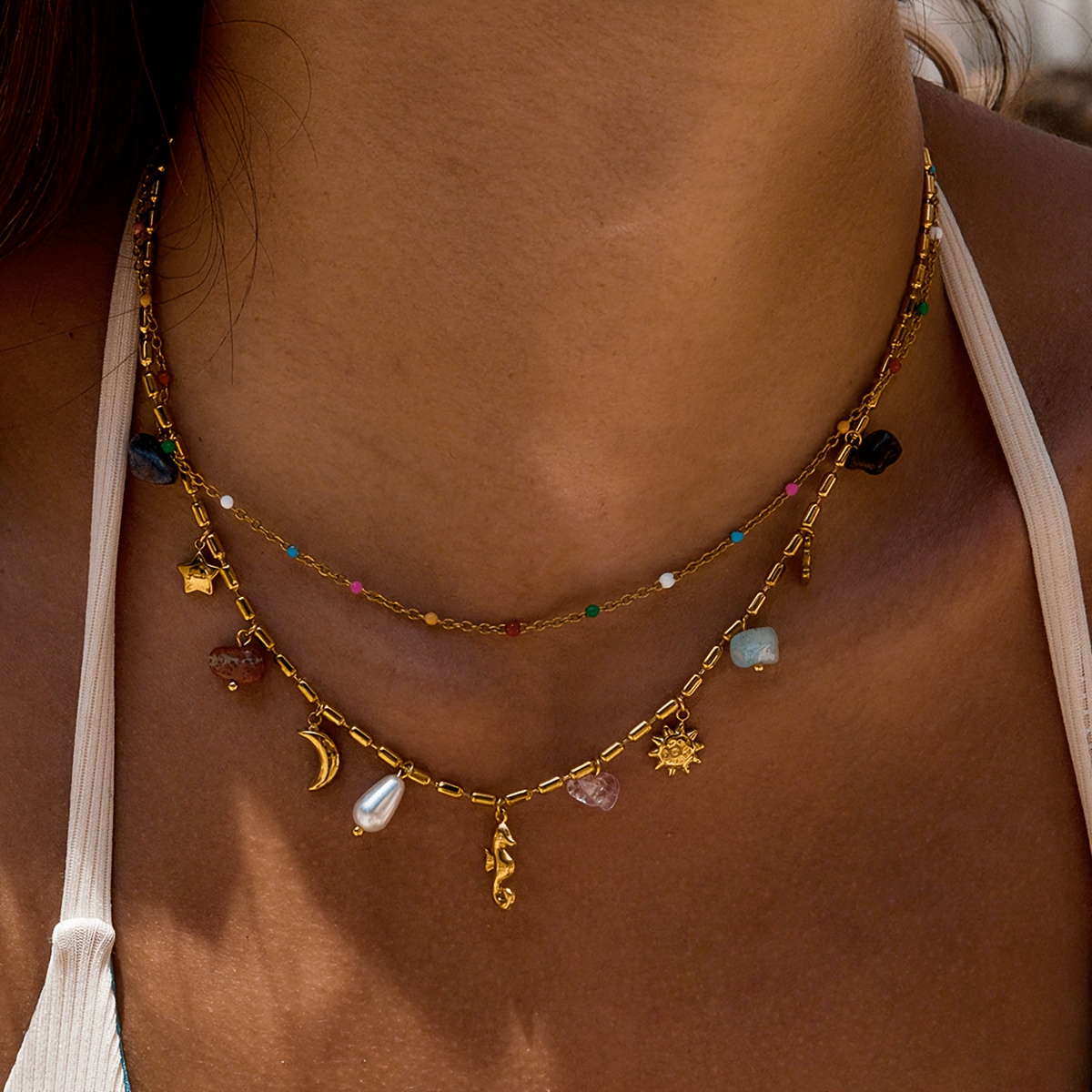 TEMU 1 Set Of Stylish Vintage Bohemian- Crushed Stone Double-layer Pendant Stacking Necklace, A Necklace Accessory Suitable For Parties And Vacations