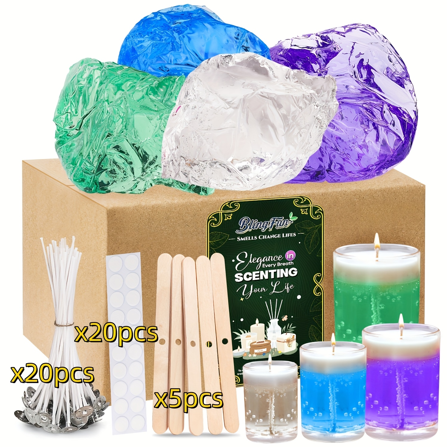 Blingfun Gel Candle Making Kit, With /400g Jelly Wax For Candle Making, 20pcs Wax Wicks And 20pcs Stickers, 5pcs Wick Holders For Gel Scented Candle Making, Home Decor, Craft Projects