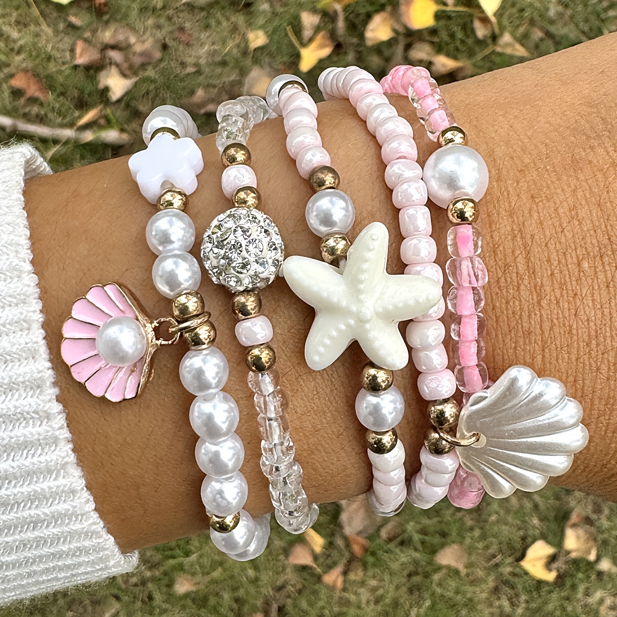 5pcs elegant and stylish multi layered stackable metal scallop   and bow knot pendant bracelet set with   bead jewelry suitable for womens parties banquets and as a valentines day gift for friends