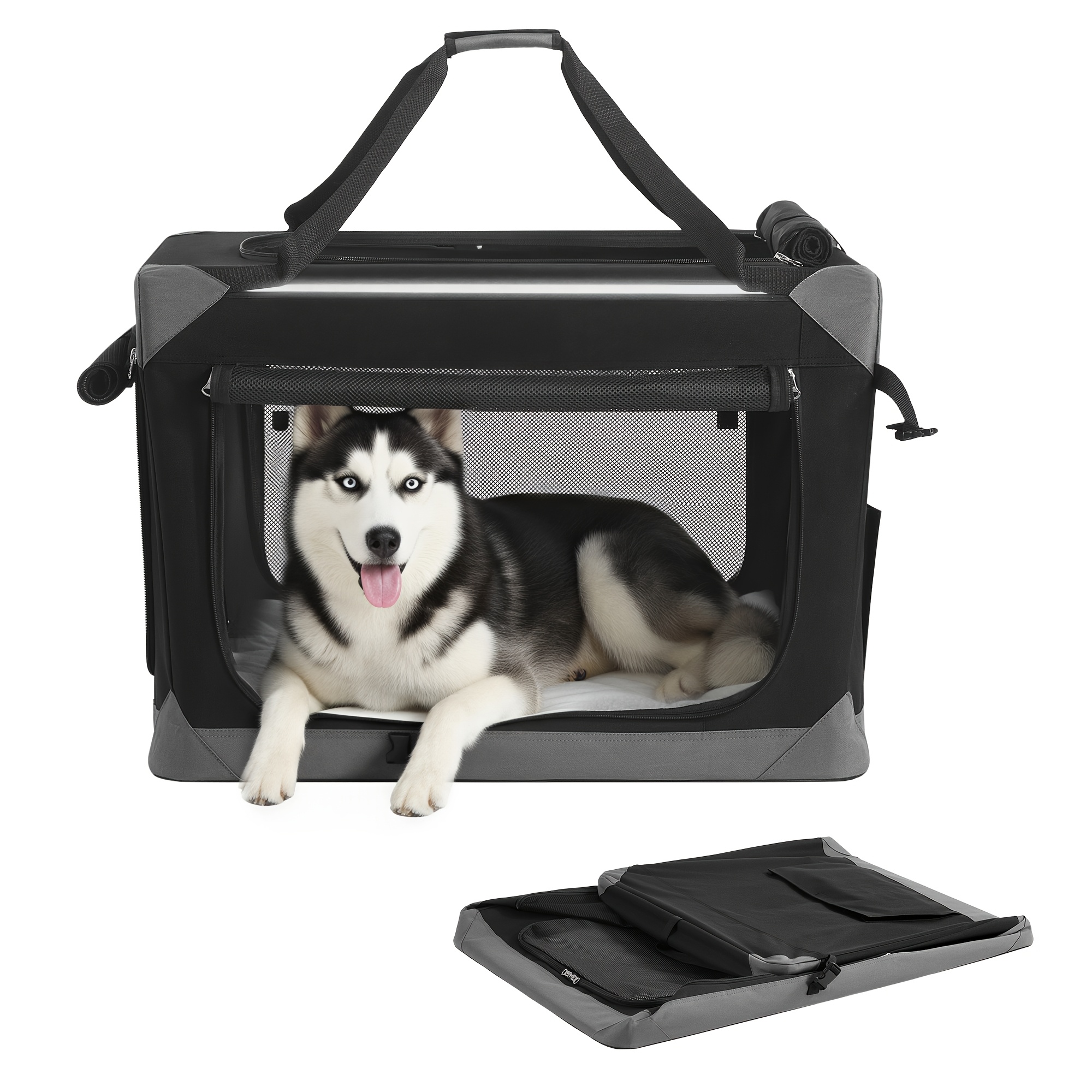 TEMU Dog Crate Foldable, Portable, Oxford Fabric, , With Handles And Side Pocket, For Travel, Black