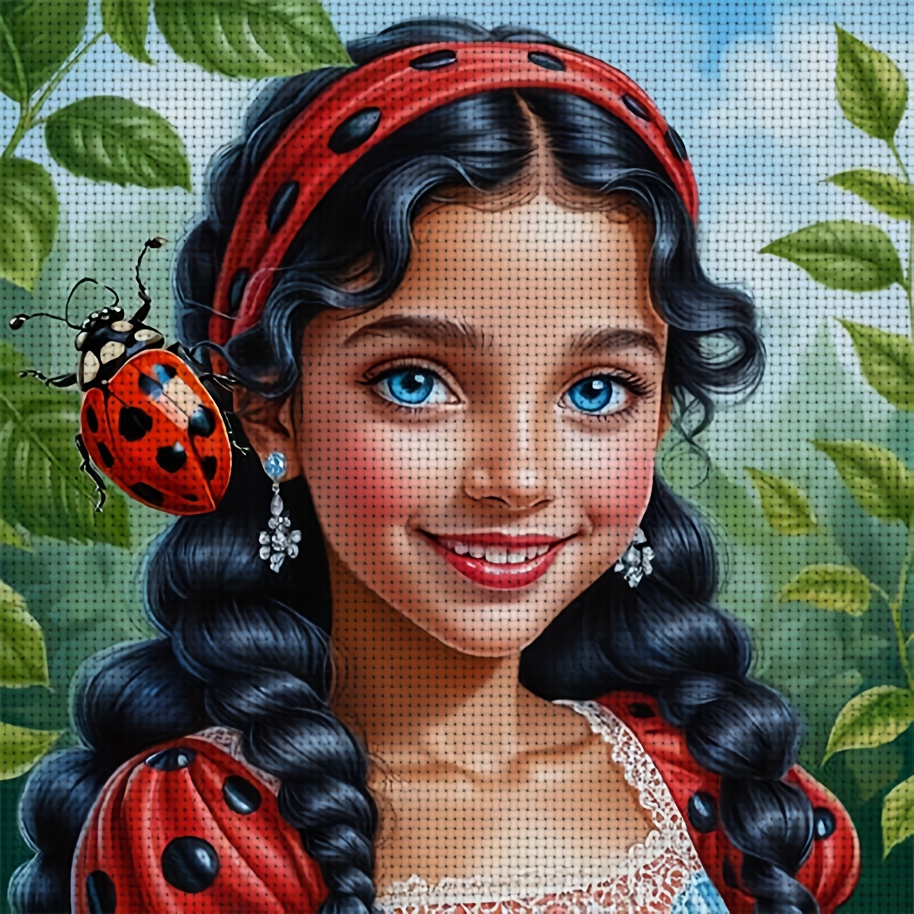 Printed DIY Cross Stitch Kit, Little Girl with Ladybug Pattern