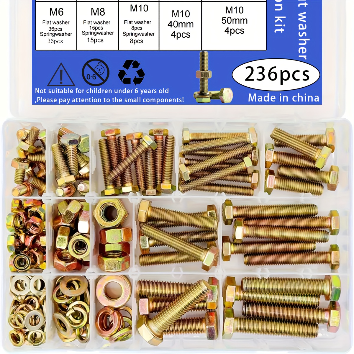 Juego de 236 piezas de pernos y tuercas de alta resistencia galvanizados a caliente, tamaño M10/M8/M6, incluye aros y tuercas de bloqueo, ideal para aplicaciones industriales de alta resistencia, accesorios de fijación | Cabeza hexagonal | Acabado galvanizado, fijaciones para industria