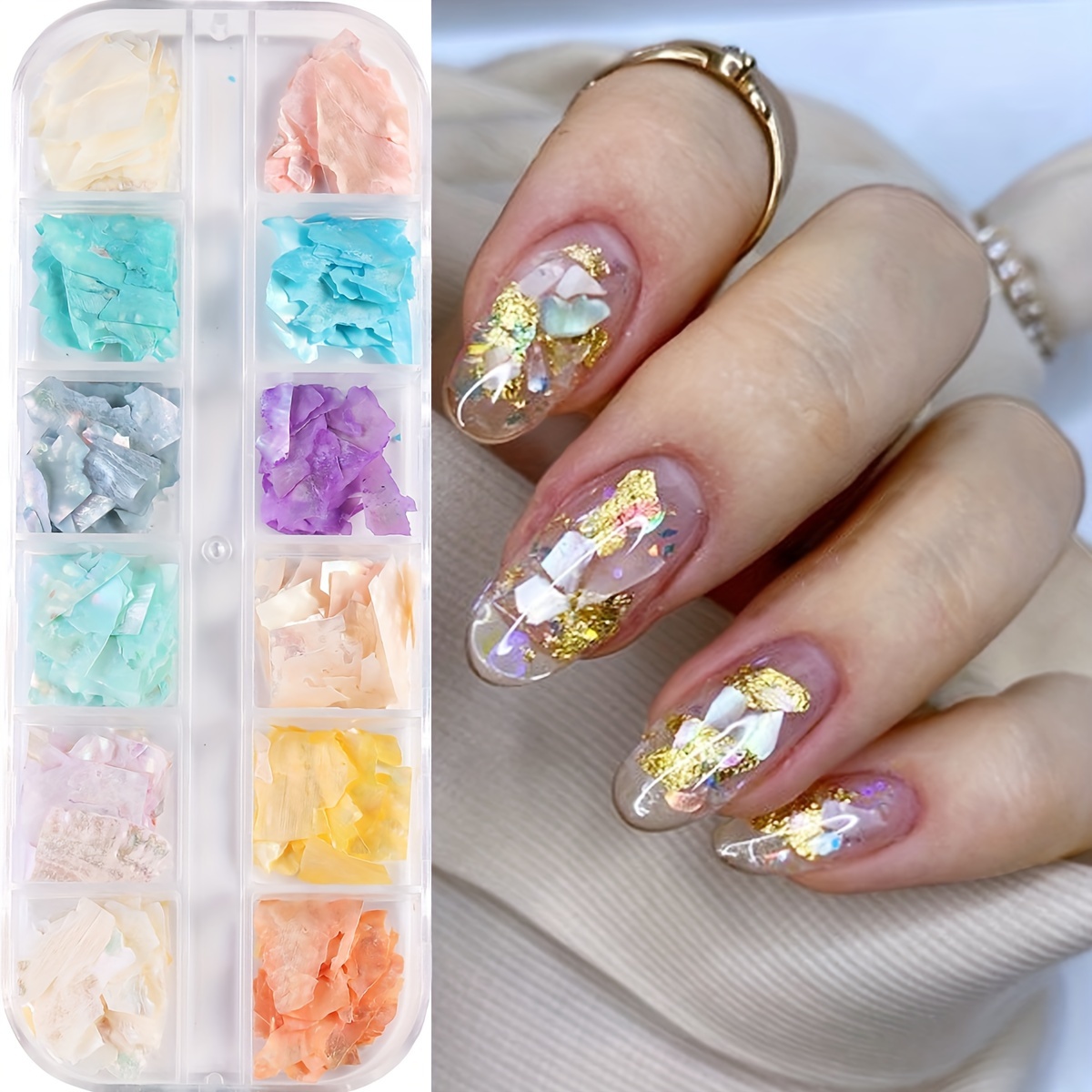 

12-grid Iridescent Abalone Shell Nail Art Decorations - Y2k Aesthetic, Mixed Colors, Shiny Seashell Sequins For Diy Manicures