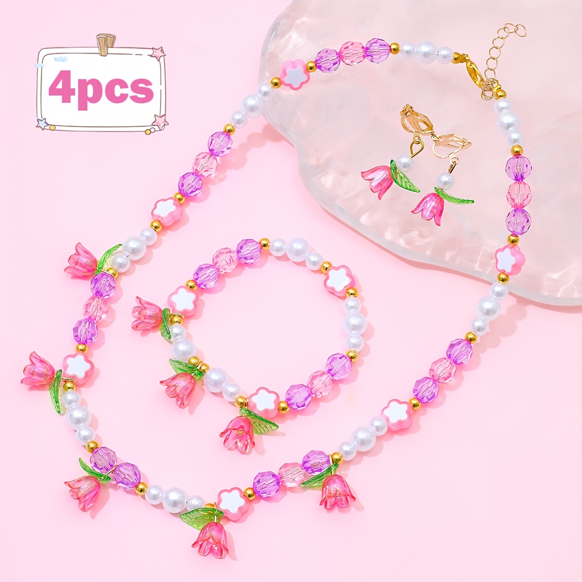 TEMU 4pcs Set Sweet, Fashionable, And Gentle Spring Tulip Pink Amethyst Flower Pendant Jewelry Set: Necklace + Bracelet + Clip-on Earrings
