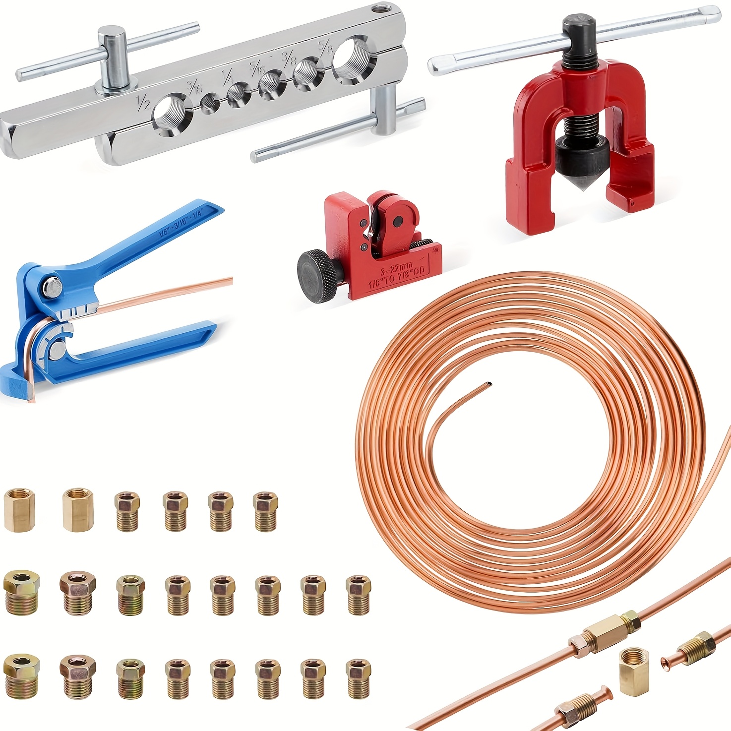 TEMU 44pcs/set 25ft 3/16" & 1/4" Copper Coated Brake Line Kit ( 32 Fittings, 4 And 8 Nuts) + Single Brake Line Tool Kit + Brake Line Bender + Tube Cutter