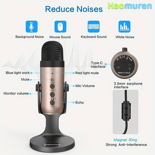 micrófono de condensador usb k66 con adaptador tipo-c para computadora/pc/teléfono, micrófono gaming plug and play con de auriculares y control de volumen, control de del micrófono, botón de , vocal para streaming, podcasting, grabación