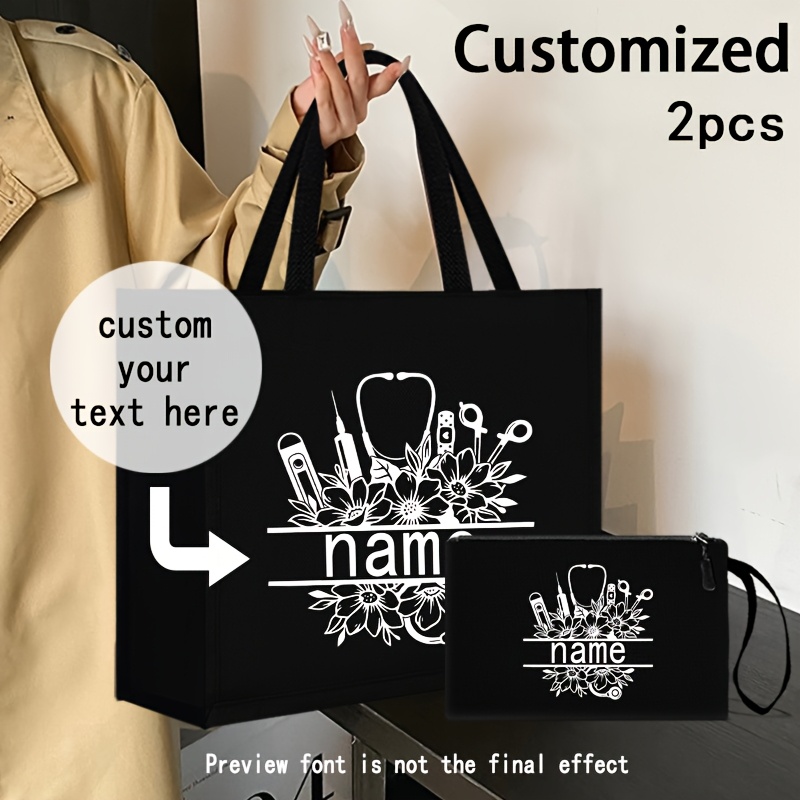 

2pcs Customized Nurse Theme Tote Bag Set, Fashionable Linen Fabric, Large Capacity Shoulder Bag With Matching Cosmetics Pouch, Personalized Name Option, Fixed Straps, Versatile For Office & Tutoring